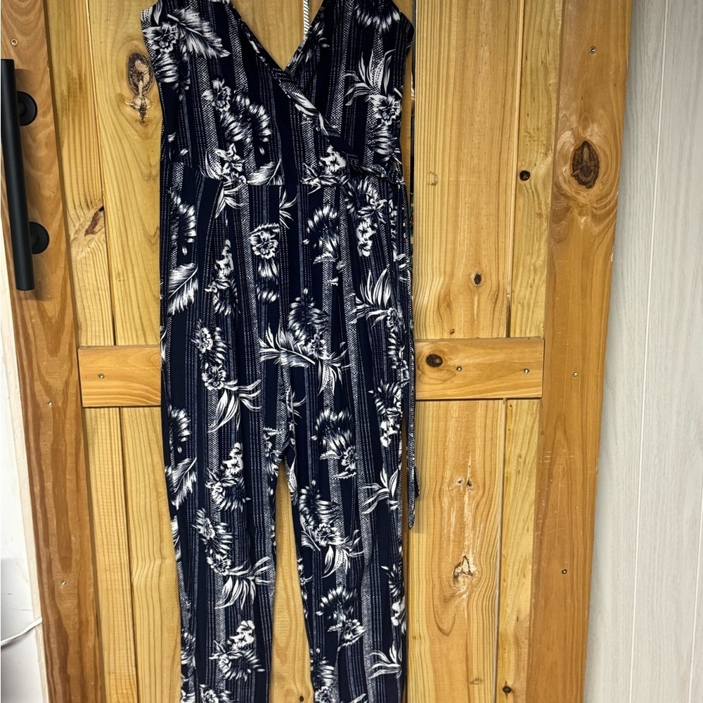Floral Print Jumpsuit - Navy and White
